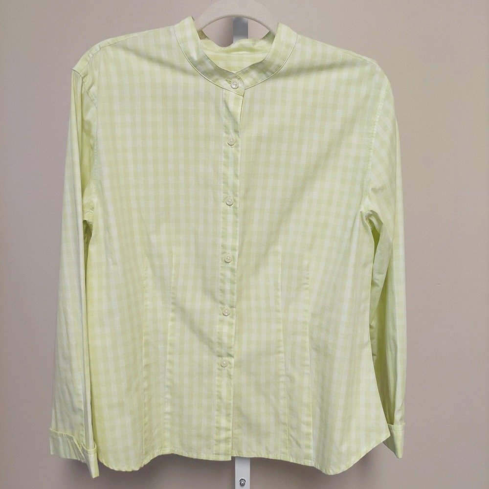 Vtg Talbots M Gingham Check Mandarin Collar Button Down Shirt 90s Picnic Preppy